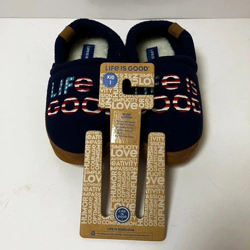 NEW Life is good Slippers Kids Embroidered USA Flag Fleece Lined
